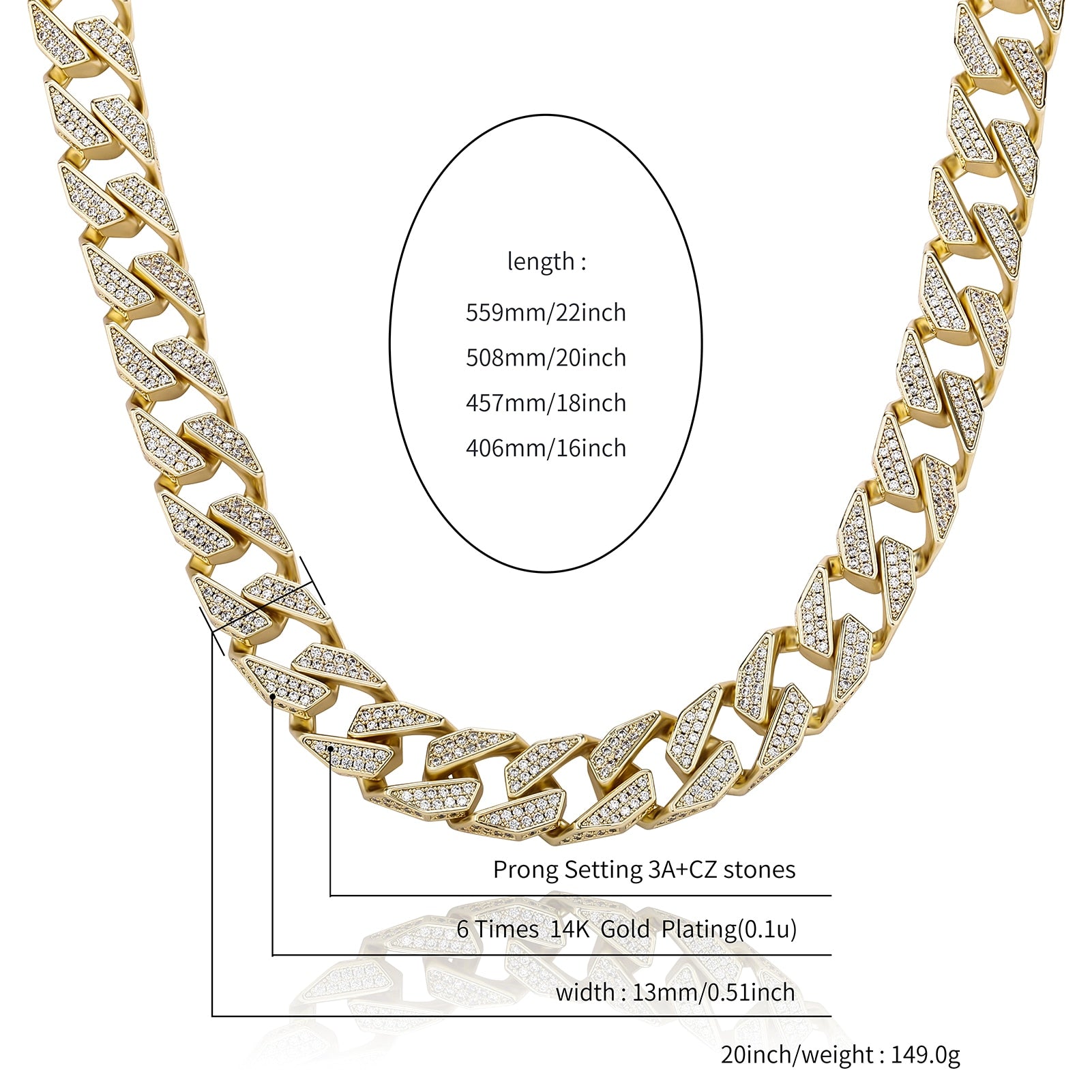 Cubic Zirconia Charm Cuban Link Chain - 13mm - Boss Uno
