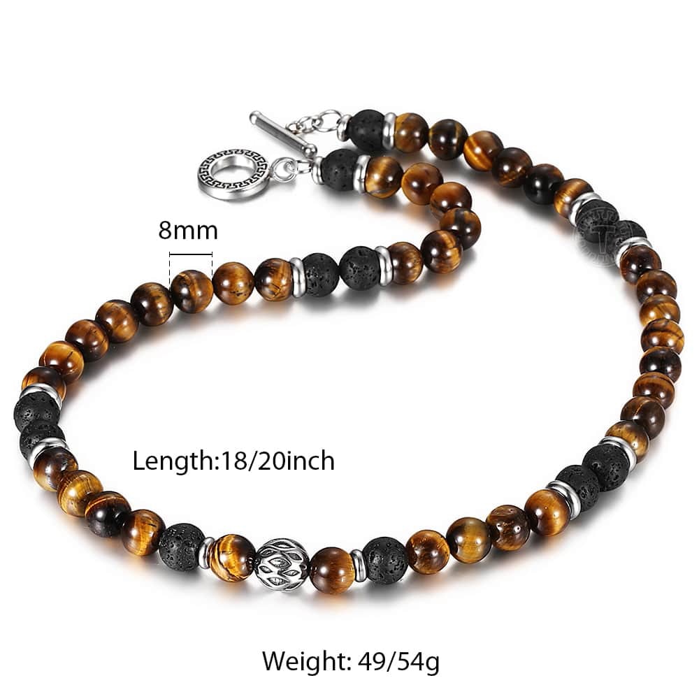 Natural Stone Tiger Eyes Lava Bead Necklace - 8mm - Boss Uno