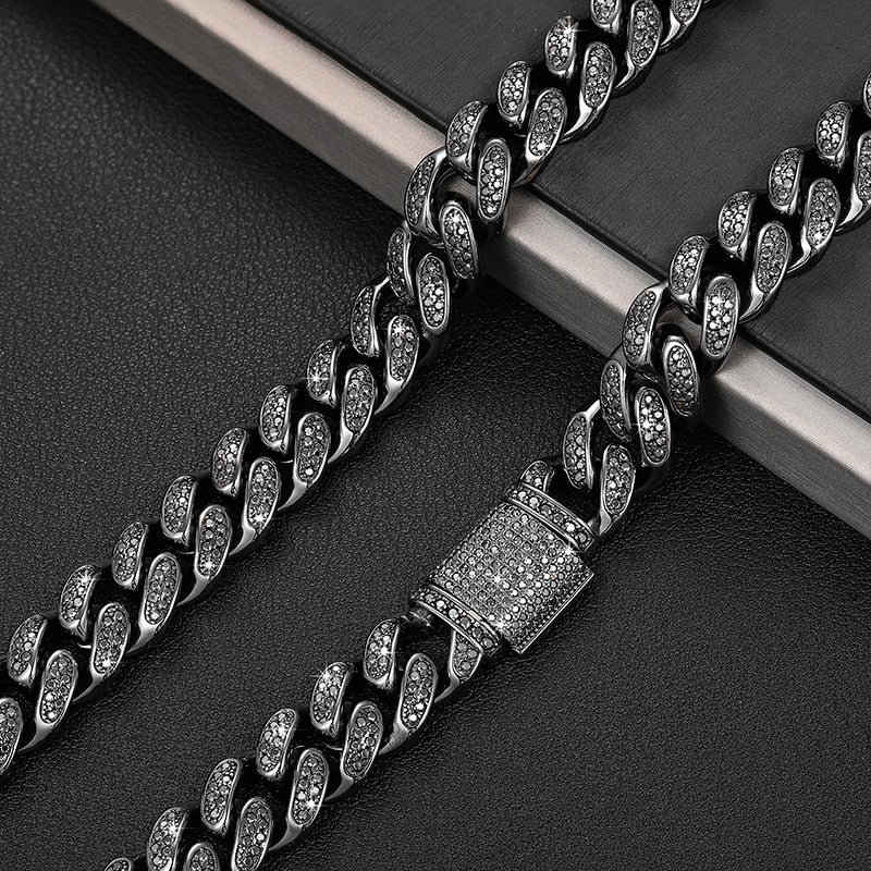 Sterling Silver Black Plated Moissanite Cuban Chain - 12MM - Boss Uno