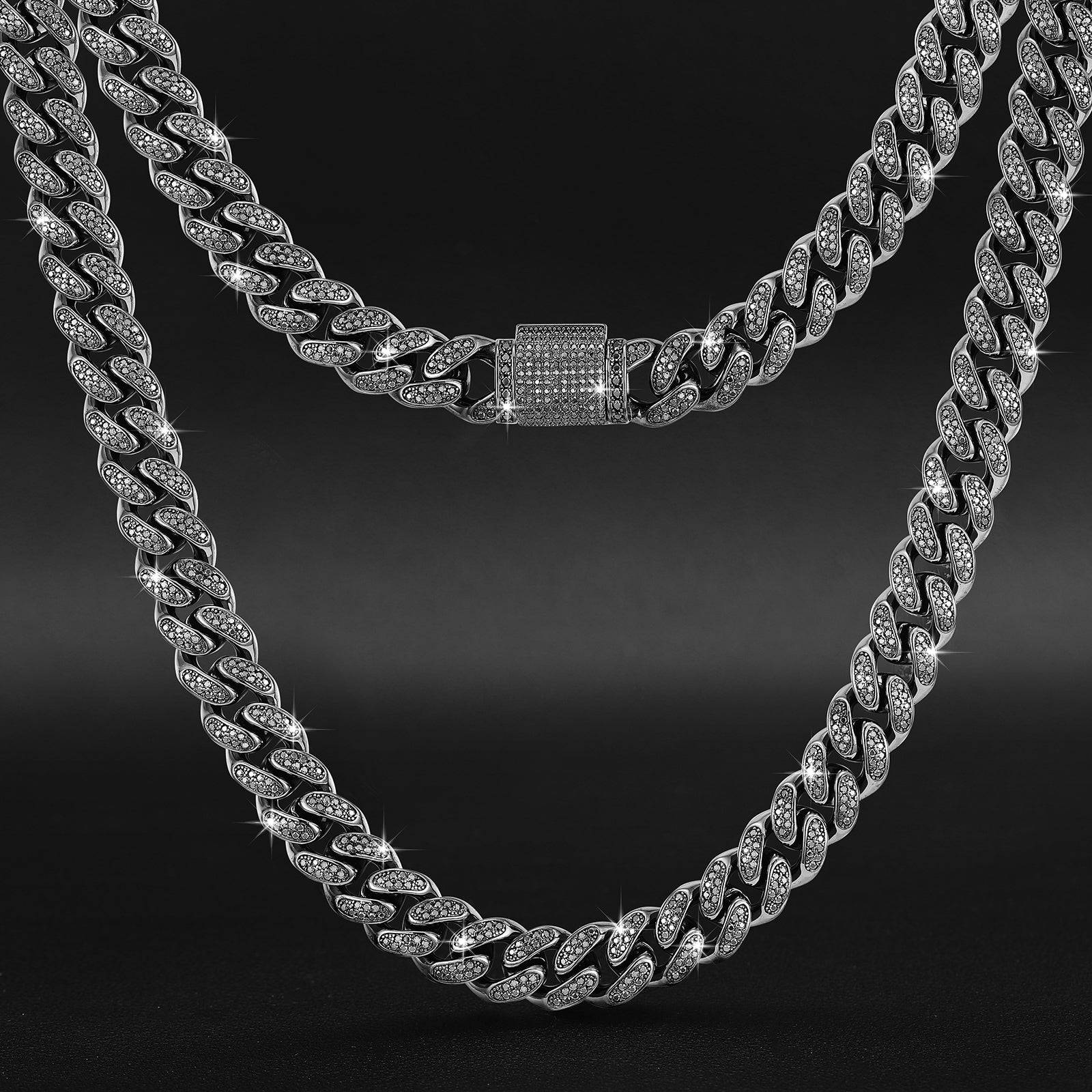 Sterling Silver Black Plated Moissanite Cuban Chain - 12MM - Boss Uno